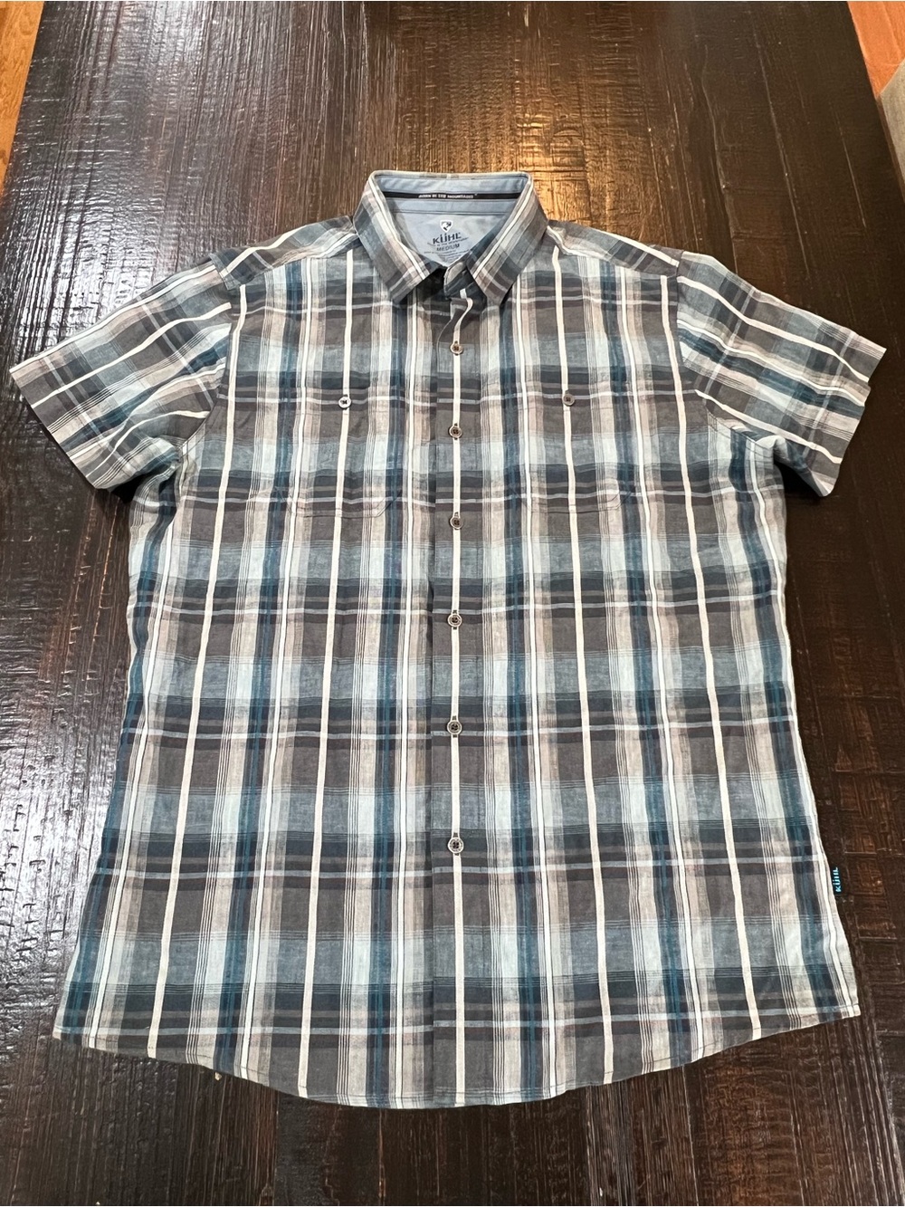 KUHL Mens Medium Plaid Short Sleeve Button Up Shirt Outdoor Hiking Blue Gray